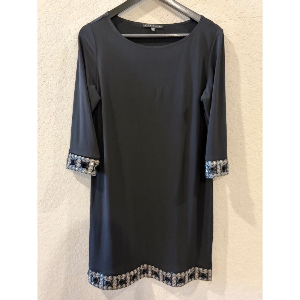 Tiana B Black Embellished Shift Dress 3/4 Sleeve Beaded Hem Size 10